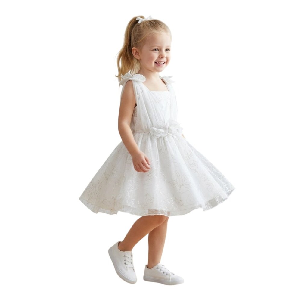 Peppermint Girls A-Line Floral Net Party Dress - Cream